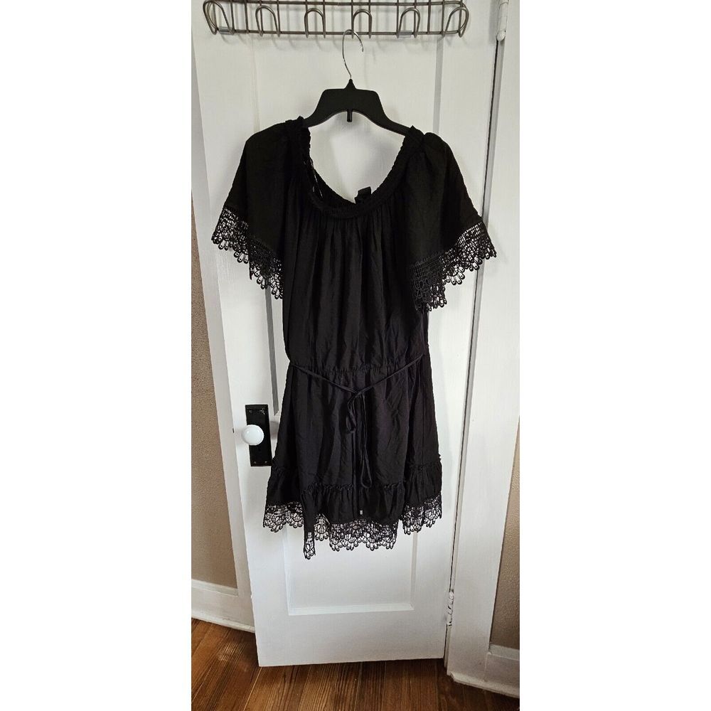 City Chic Black Dress Womens M/18 Crochet flare hem Off Shoulder w/belt‎